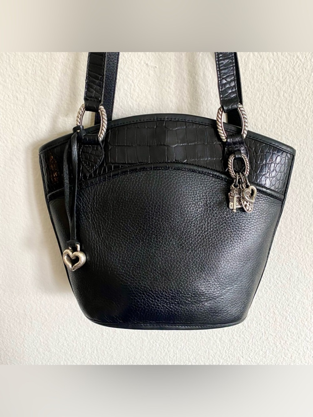 Vintage 90s Brighton Black Pebble Leather & Croc-Embossed Shoulder Tote Bag